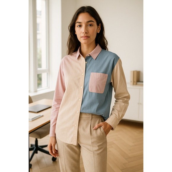 O.VIANCA Colorblock Long Sleeve Cotton Button Up Shirt Size S Pastel - Picture 1 of 8